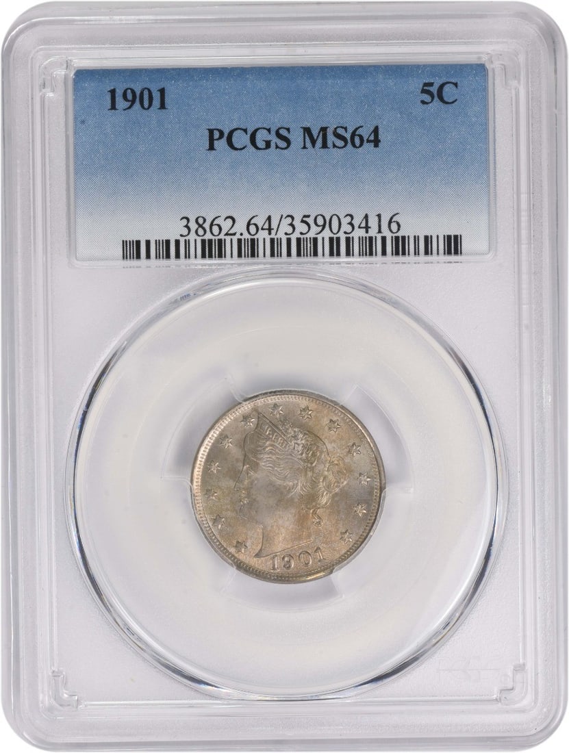 1901 Liberty Head Nickel PCGS Graded MS64 Uncirculated: 1901 Liberty Head Nickel PCGS Graded MS64 Uncirculated This 1901 Liberty Nickel is graded MS64 by PCGS, indicating a high-quality, uncirculated condition. Struck at the Philadelphia Mint, it features 