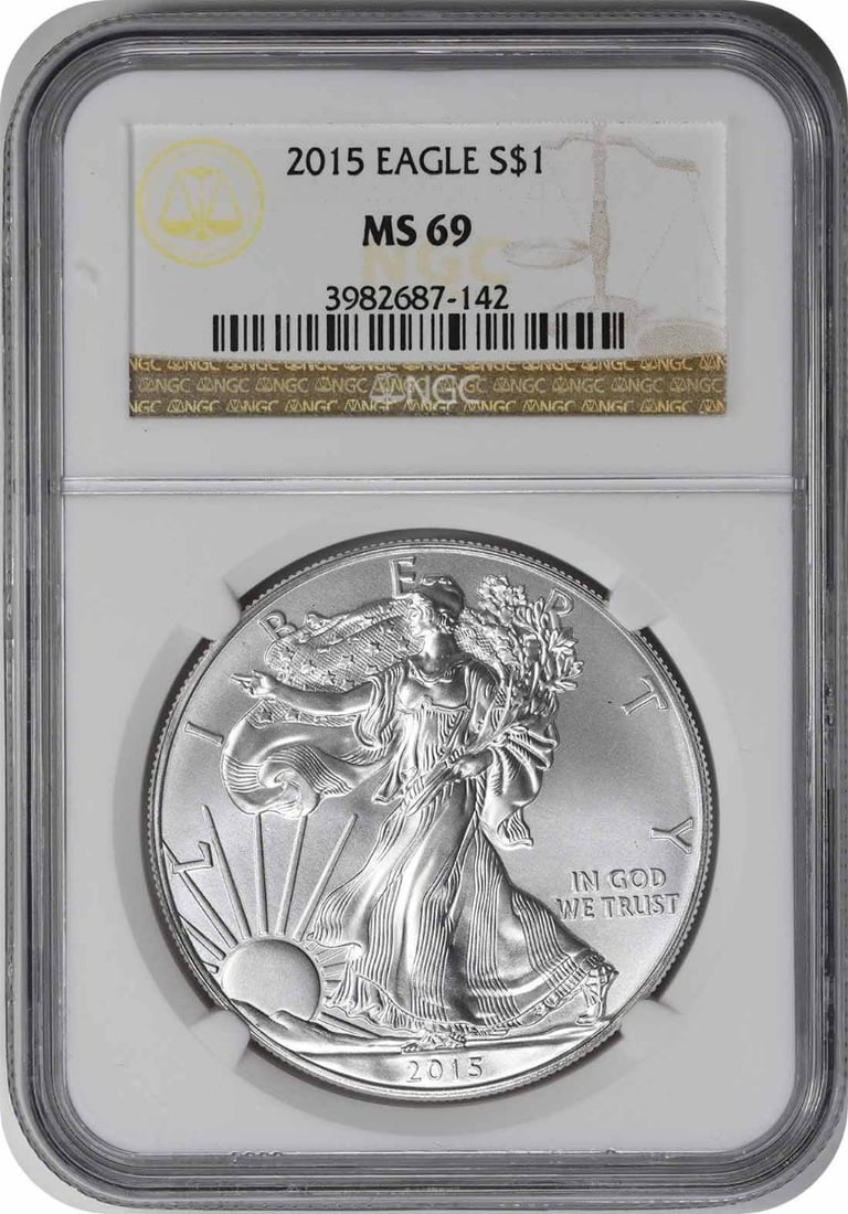 NGC MS69 2015 Silver American Eagle Dollar 1 oz Coin: NGC MS69 2015 Silver American Eagle Dollar 1 oz Coin This is a 2015 American Silver Eagle Dollar certified by NGC with a grade of MS69. It is composed of 1 oz of .999 fine silver and was minted by the