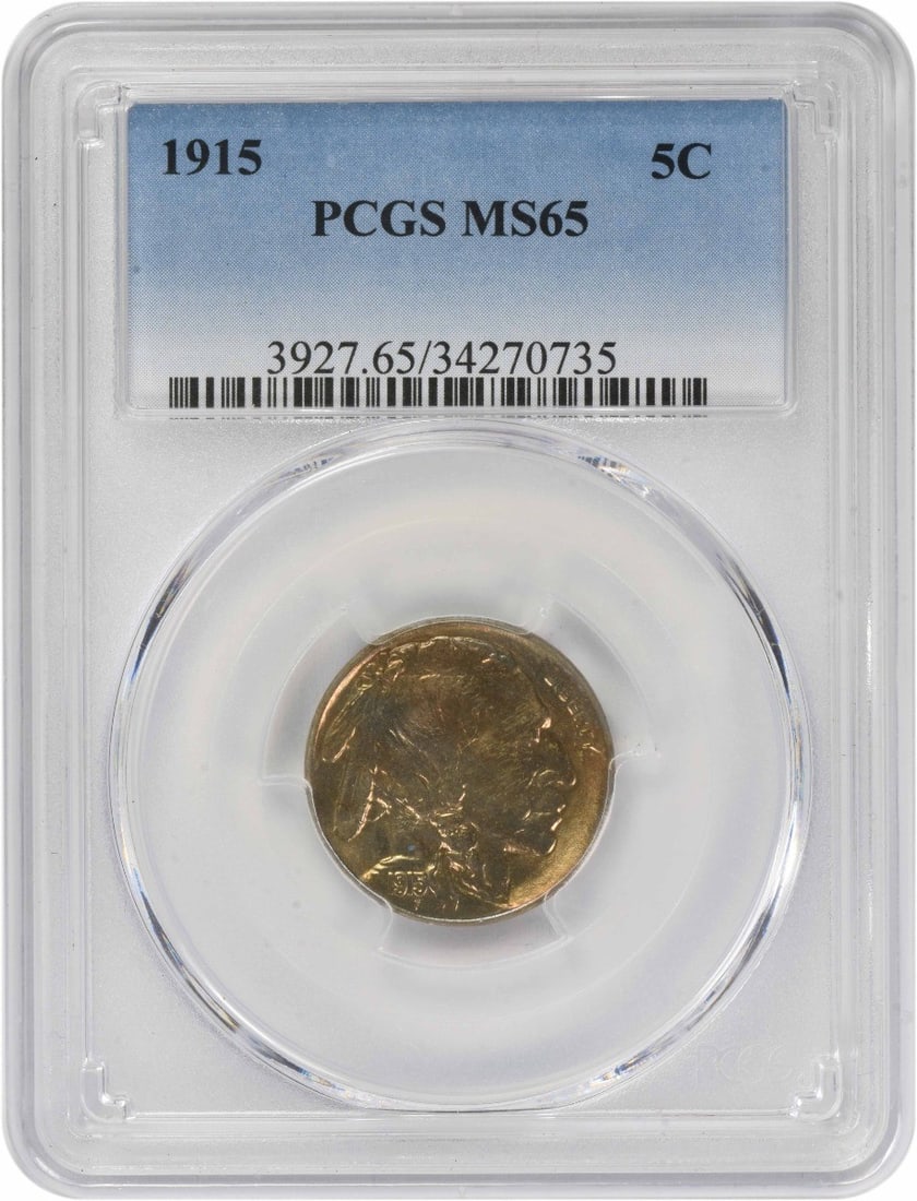 1915 Buffalo Five Cent Coin Graded MS65 by PCGS: 1915 Buffalo Five Cent Coin Graded MS65 by PCGS This 1915 Buffalo Nickel was struck at the Philadelphia Mint and is graded MS65 by PCGS. Designed by James Earle Fraser, this uncirculated coin features