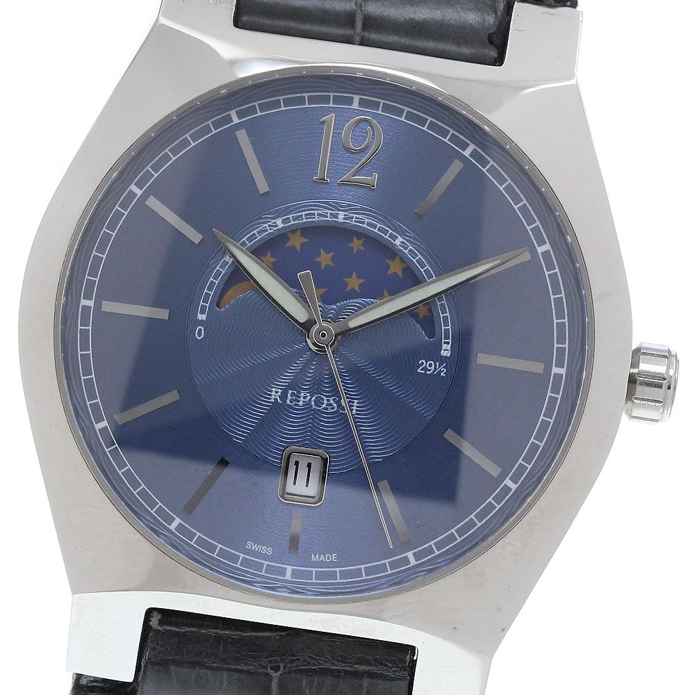 REPOSSI R8 men's quartz moon phase date wristwatch: REPOSSI R8 men's quartz moon phase date wristwatch This REPOSSI Ref. R8 men's wristwatch features a stainless steel case with a navy dial and is powered by a quartz movement. The watch includes date a