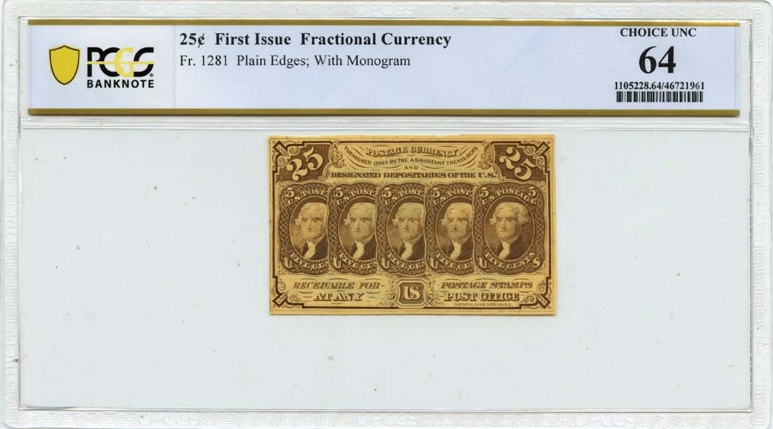 First Issue 25c Fractional Currency FR# 1281 PCGS MS64 Uncirculated: First Issue 25c Fractional Currency FR# 1281 PCGS MS64 Uncirculated This First Issue 25c Fractional Currency note (FR# 1281) is certified by PCGS Banknote, showcasing a grade of MS64, indicating its u