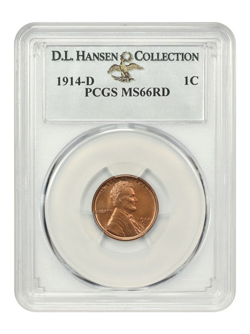 PCGS MS66 RD 1914-D Lincoln Wheat Cent ex D.L. Hansen: PCGS MS66 RD 1914-D Lincoln Wheat Cent ex D.L. Hansen 1914-D Lincoln Cent (Wheat Reverse) graded MS66 RD by PCGS. This key-date Denver issue is a popular coin in any grade and especially rare in full 