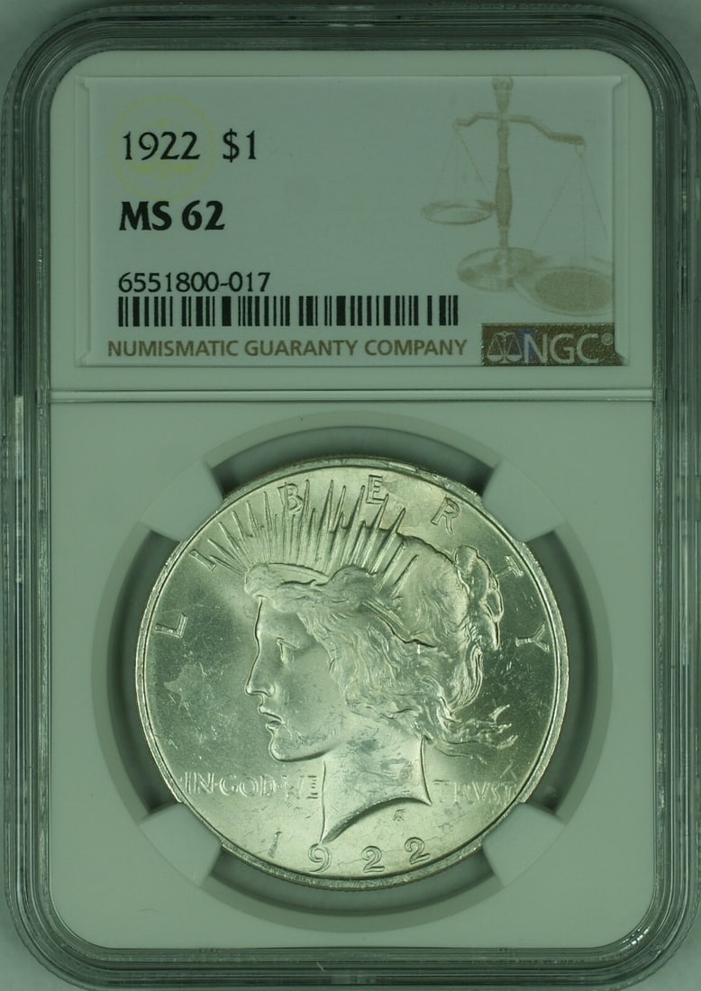1922 Peace Dollar Silver Coin NGC Graded MS-62 Philadelphia Mint: 1922 Peace Dollar Silver Coin NGC Graded MS-62 Philadelphia Mint This 1922 Peace Silver Dollar was minted in Philadelphia and is certified by NGC with a grade of MS 62. Composed of silver, this uncirc