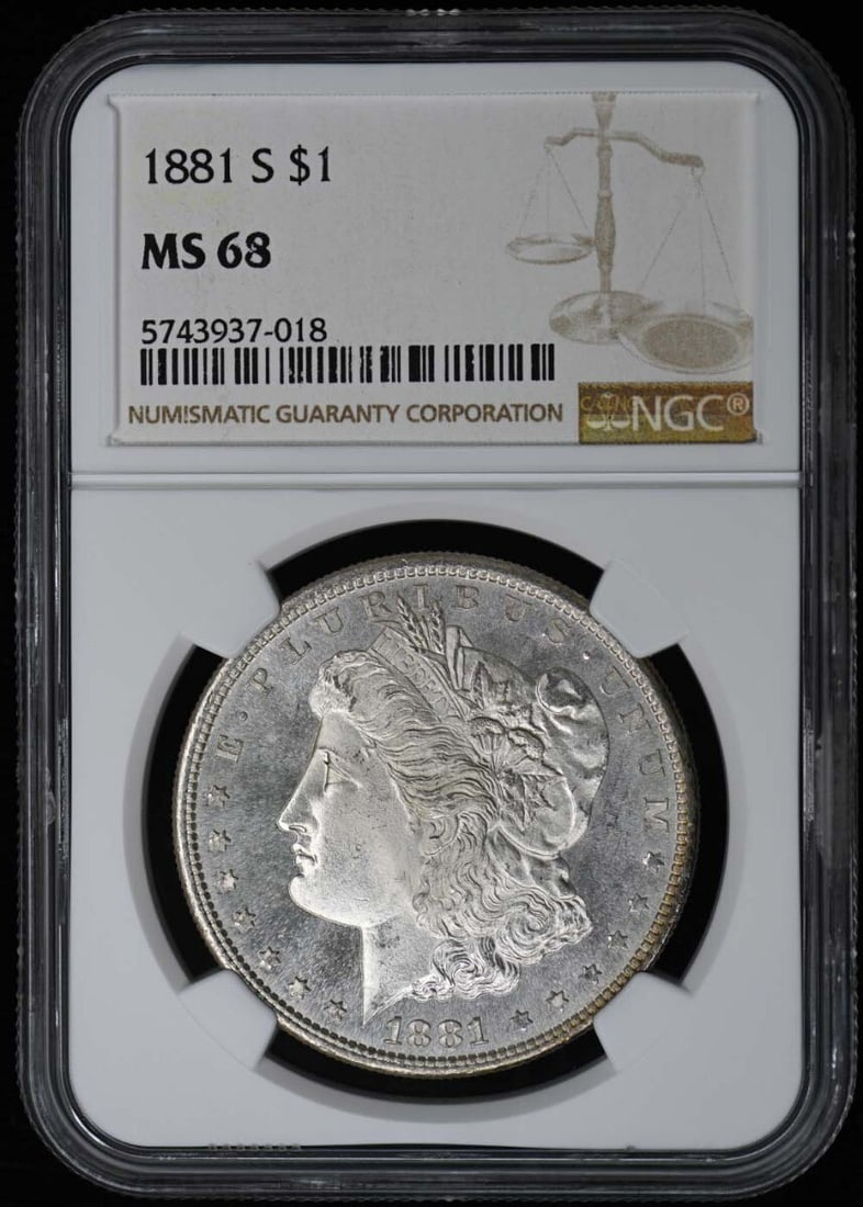 1881-S Morgan Dollar NGC MS68 Uncirculated Coin: 1881-S Morgan Dollar NGC MS68 Uncirculated Coin This stunning 1881-S Morgan Dollar is graded MS68 by NGC, indicating its exceptional uncirculated condition. Struck at the San Francisco mint, this coin