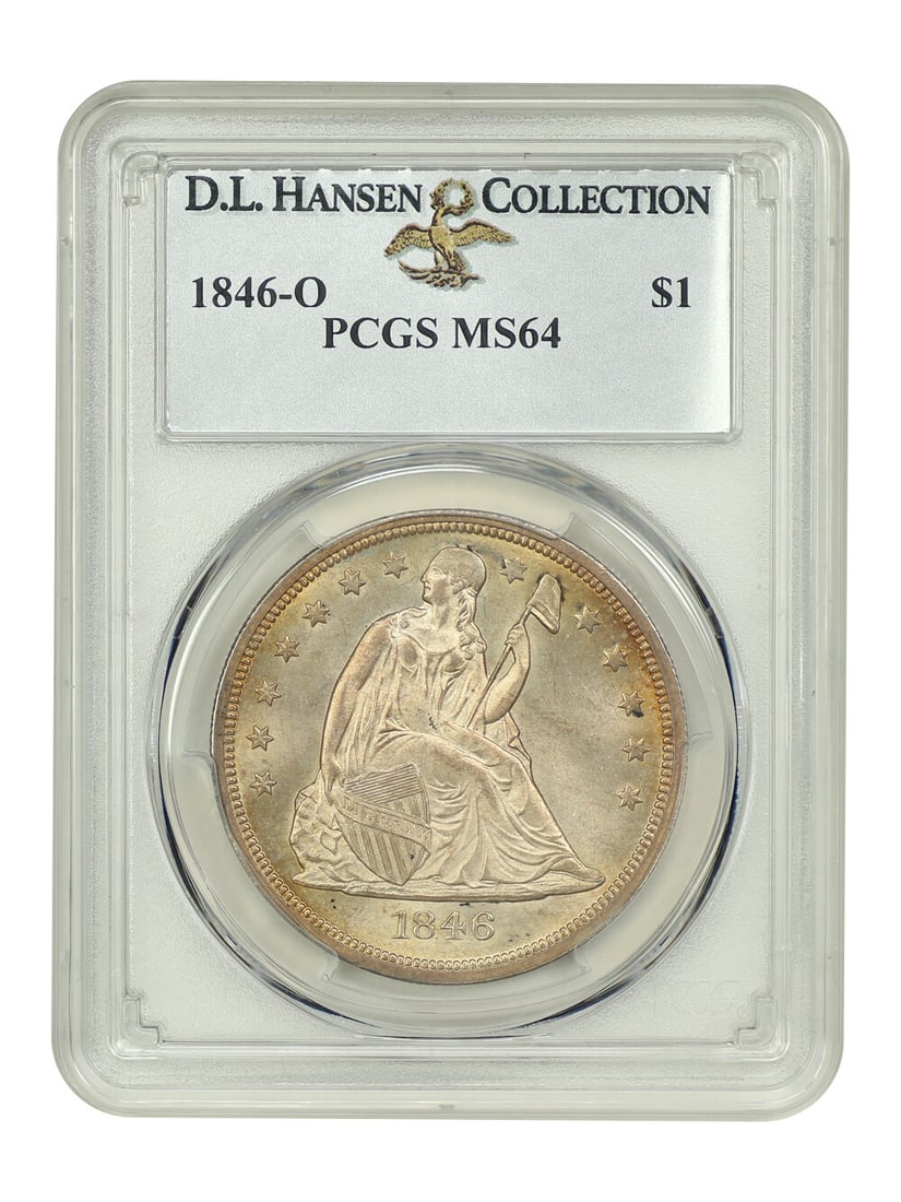 1846-O Liberty Seated Dollar $1 PCGS MS64 D.L. Hansen Provenance: 1846-O Liberty Seated Dollar $1 PCGS MS64 D.L. Hansen Provenance This 1846-O $1 Liberty Seated Dollar is graded MS64 by PCGS, showcasing its uncirculated condition. Minted in New Orleans, this coin bo