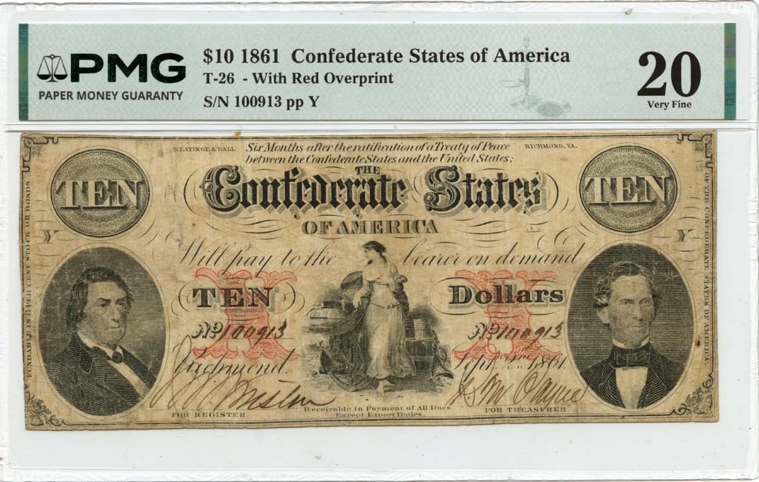 Confederate States 1861 Ten Dollar T-26 Note Graded PMG VF20 (1 of 2)