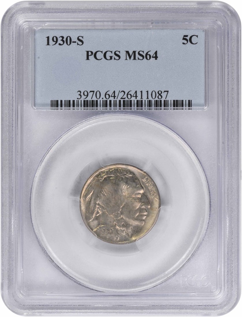 PCGS MS64 1930 S United States Buffalo Nickel Five Cent Coin: PCGS MS64 1930 S United States Buffalo Nickel Five Cent Coin This 1930-S Buffalo Nickel is certified by PCGS and graded MS64, indicating it is an uncirculated coin. Struck at the San Francisco Mint, t