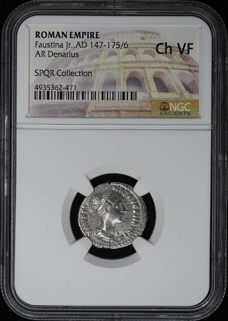 NGC Ch VF Roman Empire AR Denarius Faustina Jr.: NGC Ch VF Roman Empire AR Denarius Faustina Jr. This is an ancient Roman Empire AR Denarius coin from the reign of Faustina Jr., dating to AD 147-175/6. The coin has been certified by NGC and graded a