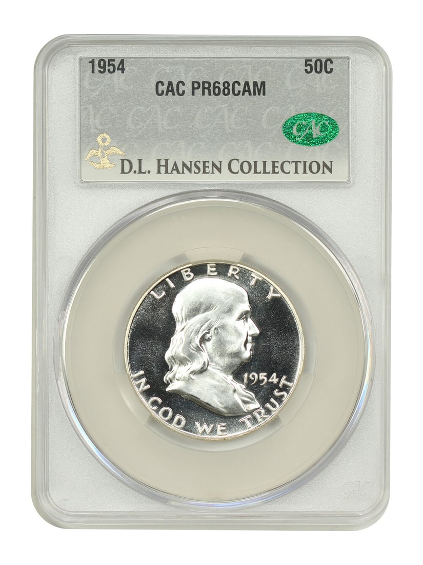 CACG PR68CAM 1954 Franklin Half Dollar 50C: CACG PR68CAM 1954 Franklin Half Dollar 50C 1954 Franklin Half Dollar, graded PR68CAM by CACG, with certification number 498535469. This uncirculated Philadelphia issue is presented in a protective hol