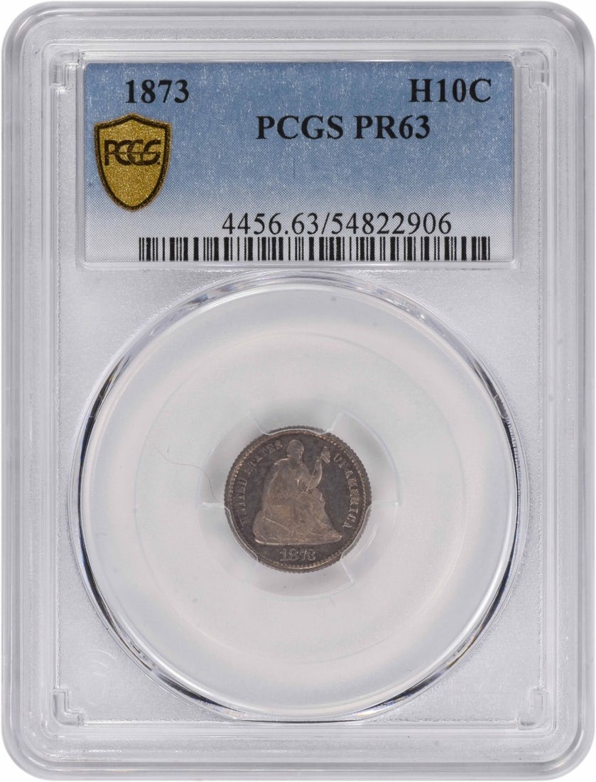1873 Seated Half Dime Proof PR63 Certified by PCGS: 1873 Seated Half Dime Proof PR63 Certified by PCGS This 1873 Liberty Seated Silver Half Dime is a proof coin graded PR63 by PCGS. Struck at the Philadelphia Mint, it features a composition of 90% silv
