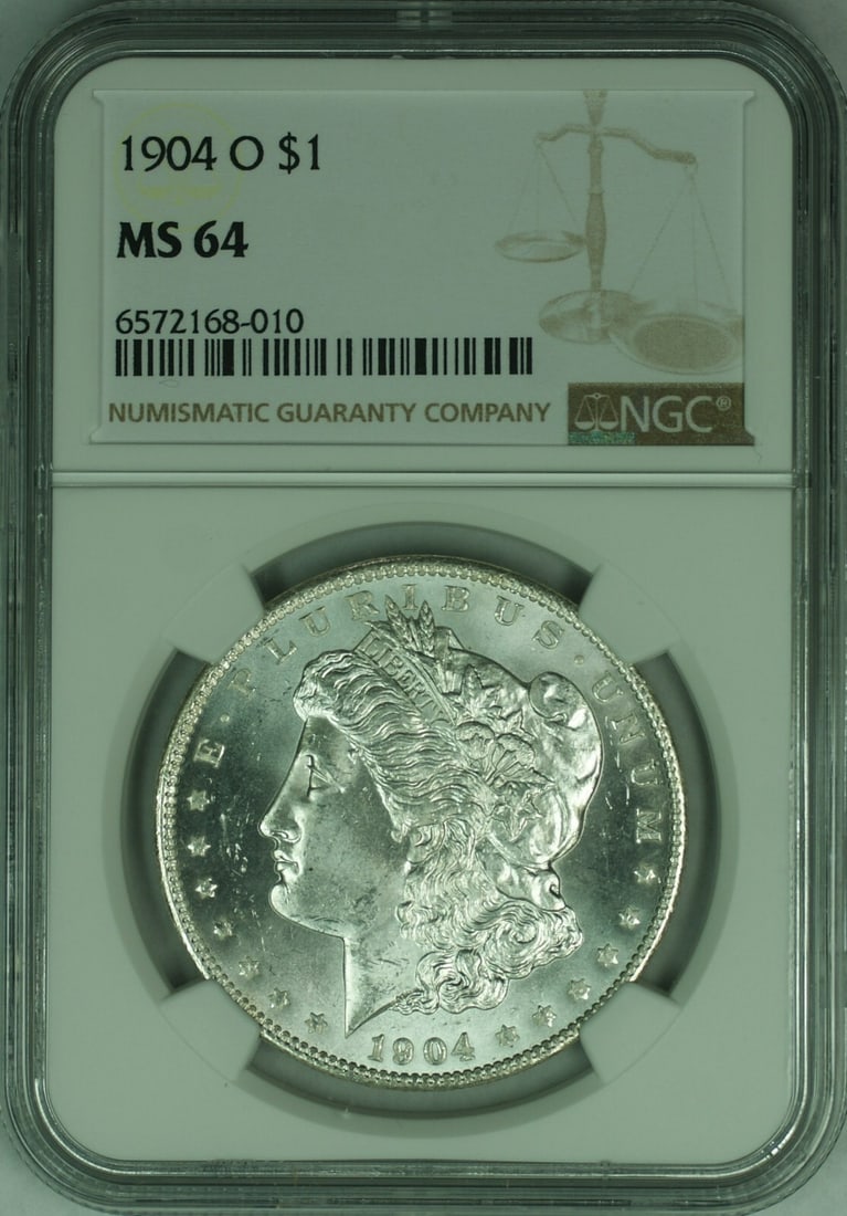 NGC MS-64 New Orleans 1904 Morgan $1 Silver Dollar: NGC MS-64 New Orleans 1904 Morgan $1 Silver Dollar This is a 1904-O Morgan Silver Dollar with a denomination of $1, minted in New Orleans, United States. The coin is composed of silver, is uncirculate