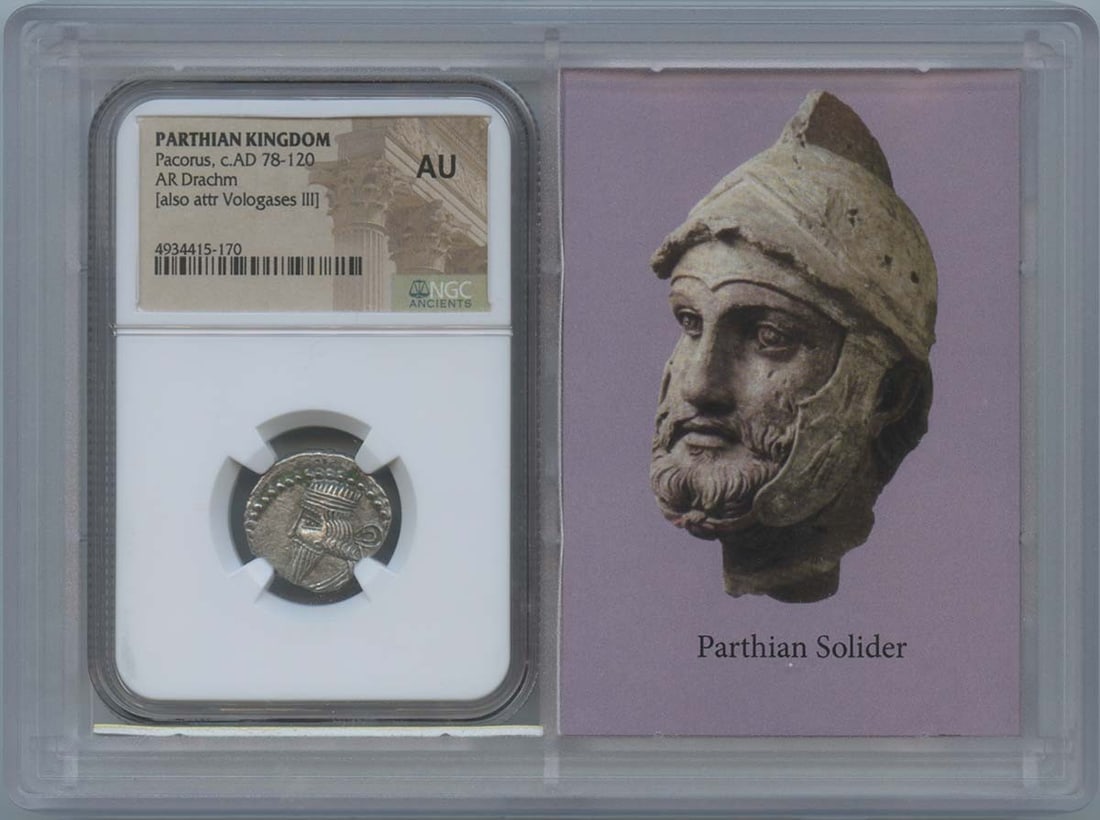 Pacorus AD 78-120 Parthian Drachm NGC AU50 Certified Coin: Pacorus AD 78-120 Parthian Drachm NGC AU50 Certified Coin This ancient Drachm from the Parthian Kingdom, minted during the reign of King Pacorus from AD 78-120, is a remarkable piece for collectors of