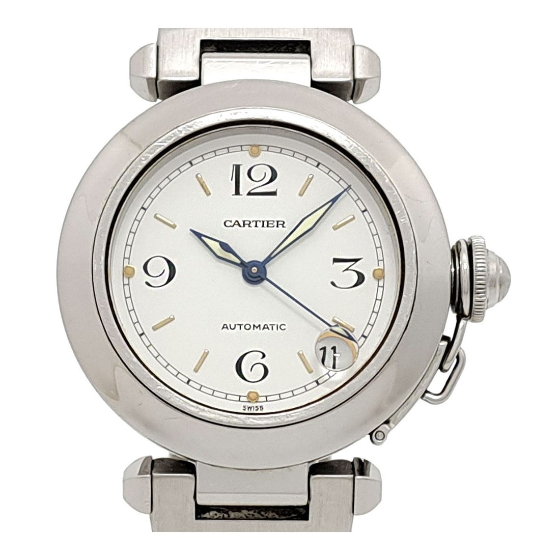 Cartier Pasha C Automatic White Dial Stainless Steel Wristwatch Box: Cartier Pasha C Automatic White Dial Stainless Steel Wristwatch Box This Cartier Pasha C Automatic wristwatch features a stainless steel case and a white dial. Designed for unisex wear, it combines ti