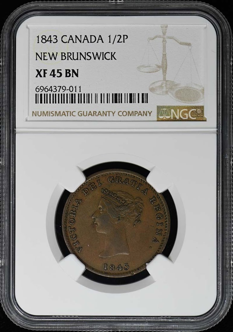 NGC XF45BN 1843 New Brunswick Canada Half Penny Token (1 of 2)