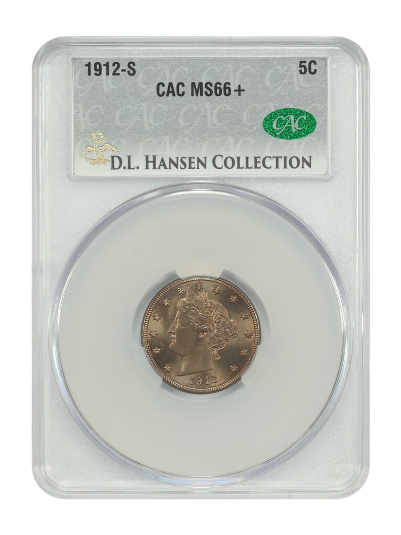 1912-S Liberty Nickel 5C CACG MS66+ ex D.L. Hansen: 1912-S Liberty Nickel 5C CACG MS66+ ex D.L. Hansen This 1912-S Liberty Nickel is an uncirculated 5C coin certified by CACG and graded MS66+. It is described as a beautiful example of this popular and 