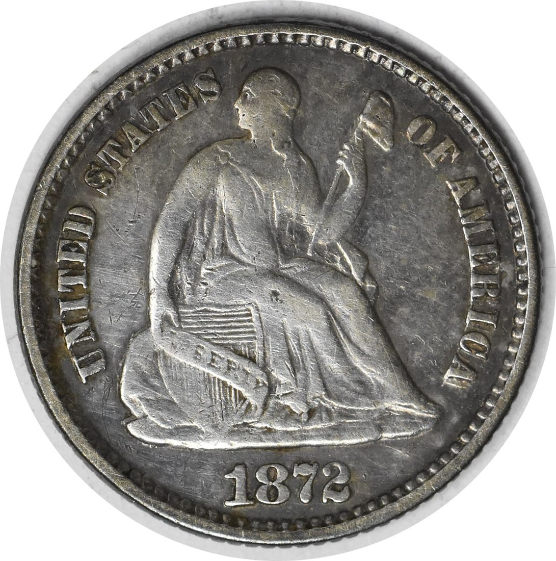 1872 Seated Liberty Half Dime Silver Choice VF DDO FS-101: 1872 Seated Liberty Half Dime Silver Choice VF DDO FS-101 This 1872 Liberty Seated Silver Half Dime is the DDO FS-101 variety and is in Choice Very Fine (VF) circulated condition. The coin is uncertif