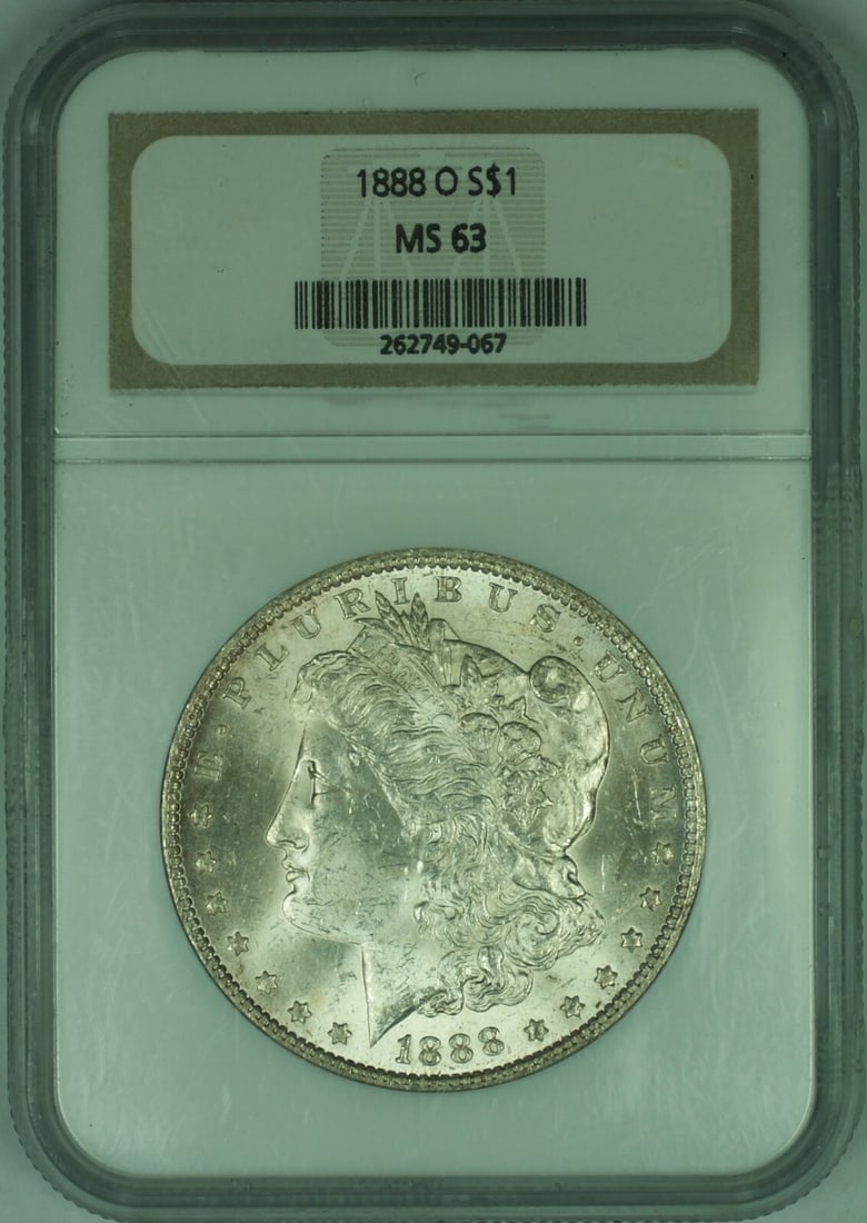 NGC MS-63 Certified 1888-O Morgan Dollar Silver Coin from New Orleans Mint: NGC MS-63 Certified 1888-O Morgan Dollar Silver Coin from New Orleans Mint This 1888-O Morgan Silver Dollar is an uncirculated $1 coin graded MS-63 by NGC. Minted in New Orleans in 1888, it is compose