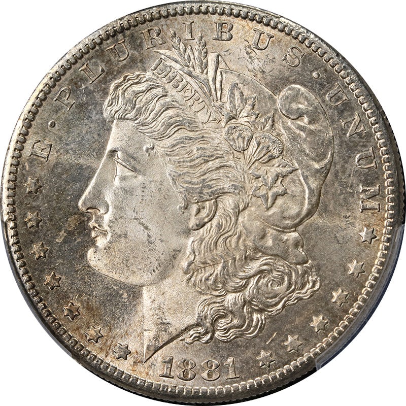 PCGS MS64 1881-S Morgan Dollar with Colorful Toning: PCGS MS64 1881-S Morgan Dollar with Colorful Toning This 1881-S Morgan Silver Dollar is graded MS64 by PCGS and features attractive toning. Struck in 0.9 fineness silver, this uncirculated coin was mi
