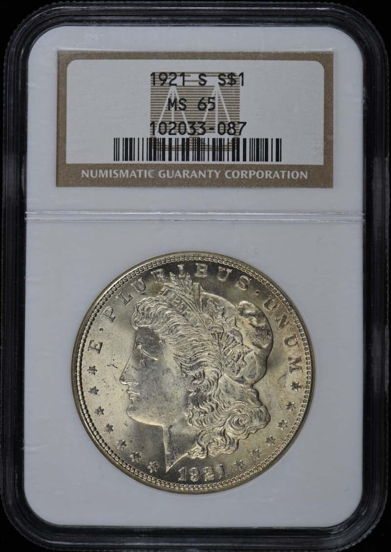 1921-S Morgan Dollar NGC MS65 Uncirculated San Francisco Coin: 1921-S Morgan Dollar NGC MS65 Uncirculated San Francisco Coin This 1921-S Morgan Dollar, certified by NGC with a grade of MS65, is an uncirculated coin from the San Francisco mint. Renowned for its re