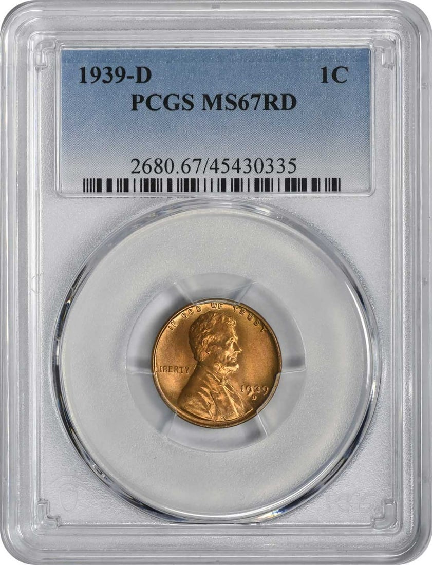1939-D Lincoln Wheat Cent MS67RD PCGS Uncirculated Copper Coin (1 of 2)