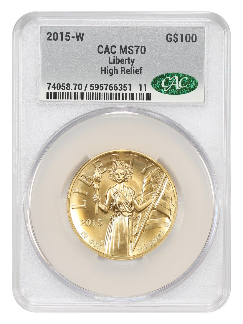 American Liberty Gold 2015-W $100 High Relief CACG MS70 Coin: American Liberty Gold 2015-W $100 High Relief CACG MS70 Coin 2015-W $100 High Relief American Liberty Gold coin certified CACG MS70. This uncirculated West Point issue is the first year of the America