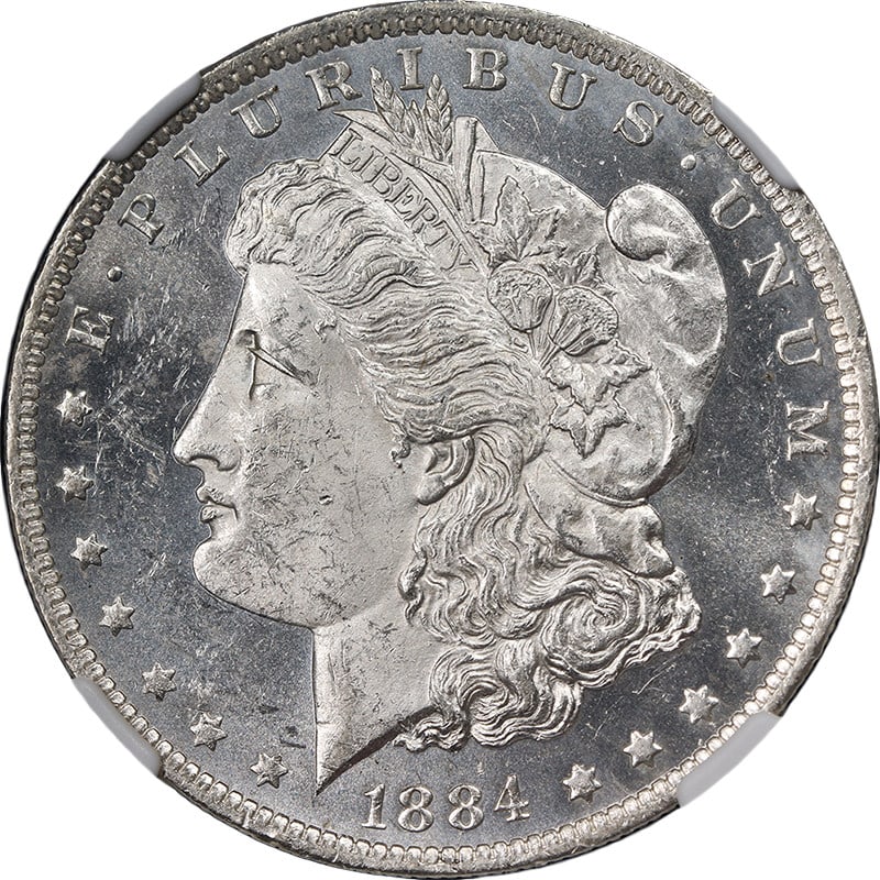 NGC MS62 PL 1884-O Morgan Dollar Uncirculated US Silver Coin: NGC MS62 PL 1884-O Morgan Dollar Uncirculated US Silver Coin This 1884-O Morgan Silver Dollar is certified by NGC as MS62 PL. The coin is uncirculated, featuring a strong strike, bright white color, a