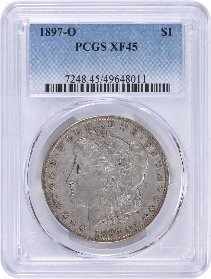 EF45 1897 New Orleans Morgan Dollar Certified by PCGS: EF45 1897 New Orleans Morgan Dollar Certified by PCGS This 1897-O Morgan Silver Dollar is certified EF45 by PCGS. Struck at the New Orleans Mint, it features a composition of 90% silver and 10% copper