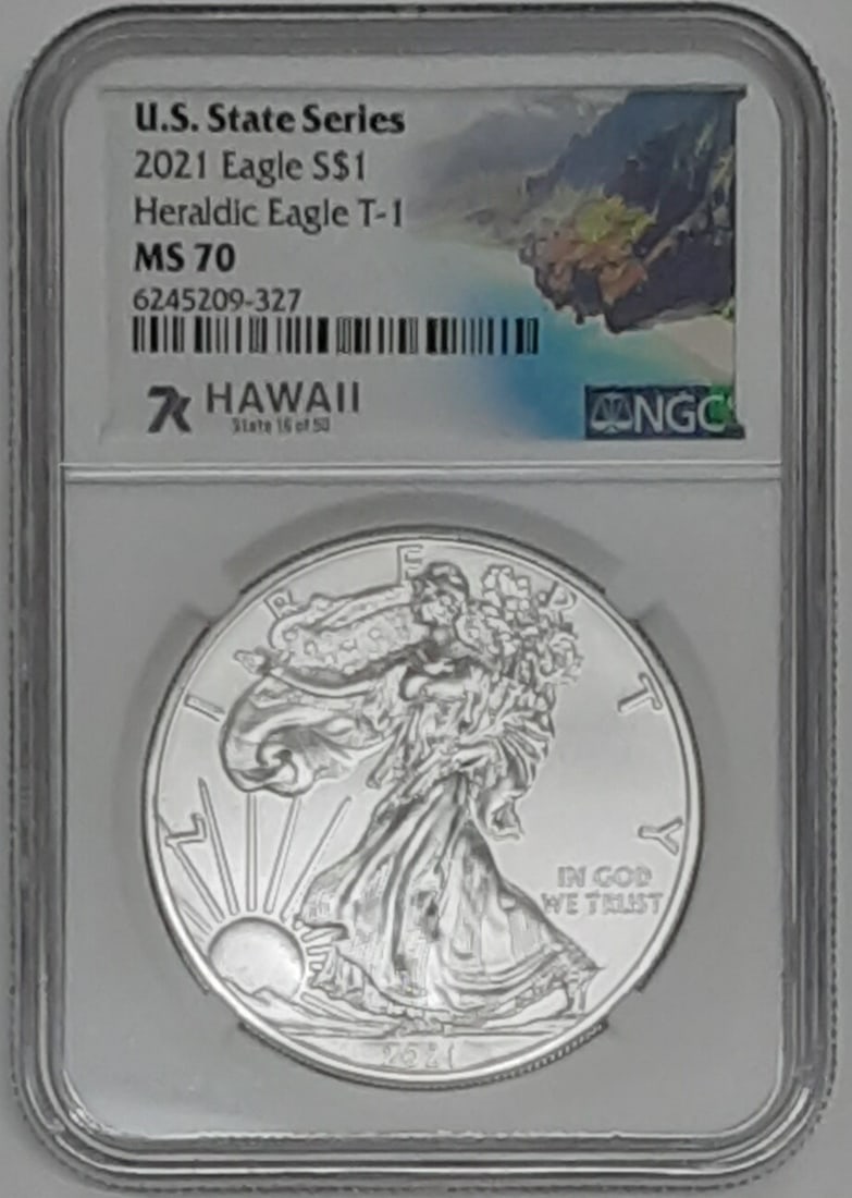 NGC MS-70 2020 American Silver Eagle Hawaii 7K Label: NGC MS-70 2020 American Silver Eagle Hawaii 7K Label This 2020 American Silver Eagle 1 oz coin is composed of .999 fine silver and features a special 7K label for the US State Series highlighting Hawa
