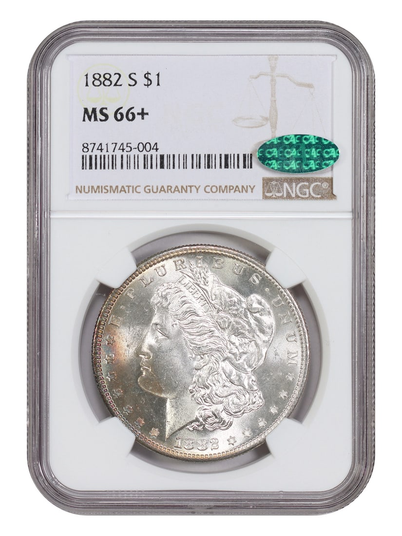 NGC CAC MS66+ 1882-S Morgan Dollar $1 San Francisco Mint: NGC CAC MS66+ 1882-S Morgan Dollar $1 San Francisco Mint 1882-S Morgan Dollar graded MS66+ by NGC with CAC approval. This San Francisco-minted $1 coin is a popular collector date and is known for a co