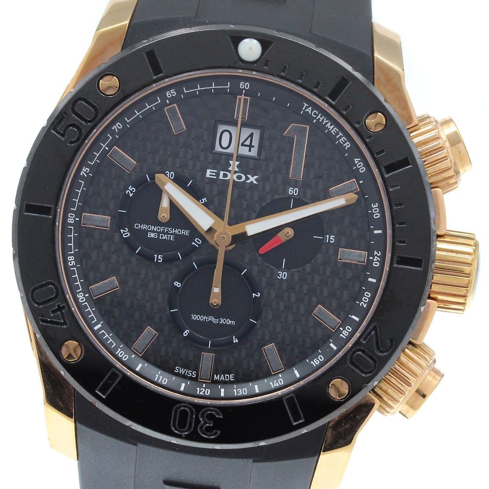 EDOX Chrono Offshore 1 Quartz Chronograph Men's Date Watch: EDOX Chrono Offshore 1 Quartz Chronograph Men's Date Watch This Edox Chrono Offshore 1 men's wristwatch features a robust stainless steel case paired with a black rubber strap. The watch is equipped w