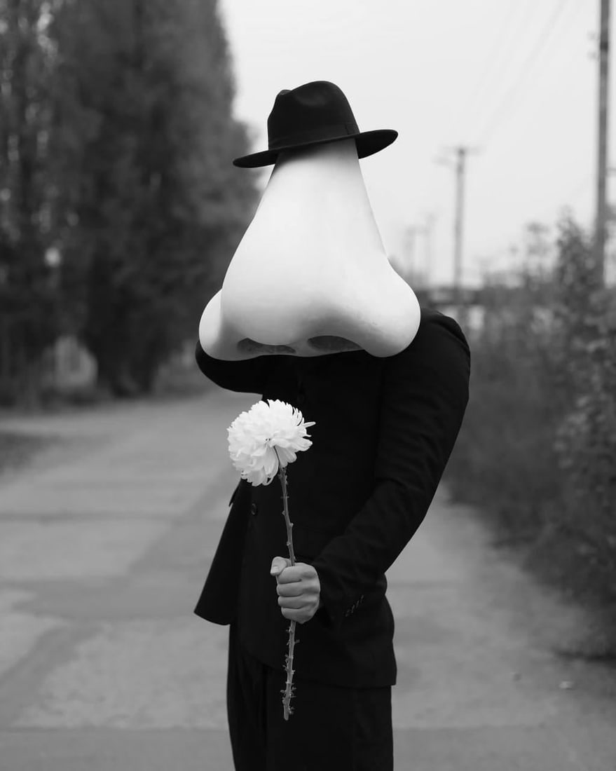 Olha Stepanian Sniffer surrealist photograph 47" x 39" edition 1/3: Olha Stepanian Sniffer surrealist photograph 47" x 39" edition 1/3 "Sniffer" is a black and white photographic print by Olha Stepanian, created in 2025 and presented as an edition of 3. It is printed 
