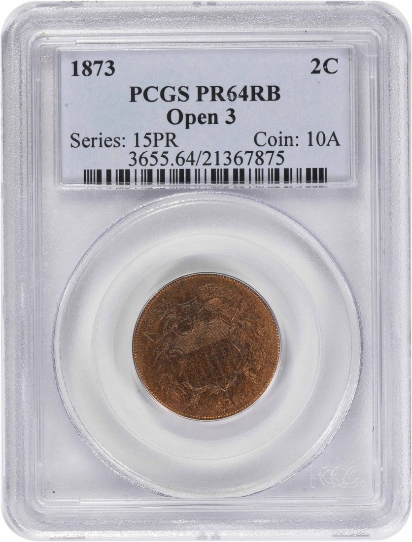 PCGS PR64RB 1873 Open 3 United States 2C Proof Coin: PCGS PR64RB 1873 Open 3 United States 2C Proof Coin 1873 United States Two Cent Piece graded PR64RB by PCGS. This proof strike coin is listed as pre-owned and shows no mint mark. The original descript