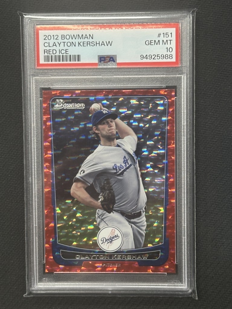 Clayton Kershaw 2012 Bowman Red Ice PSA 10 Dodgers Card #151 13/25: Clayton Kershaw 2012 Bowman Red Ice PSA 10 Dodgers Card #151 13/25 This 2012 Bowman Red Ice baseball card features Clayton Kershaw, a star player for the Los Angeles Dodgers. The card, numbered 151 an
