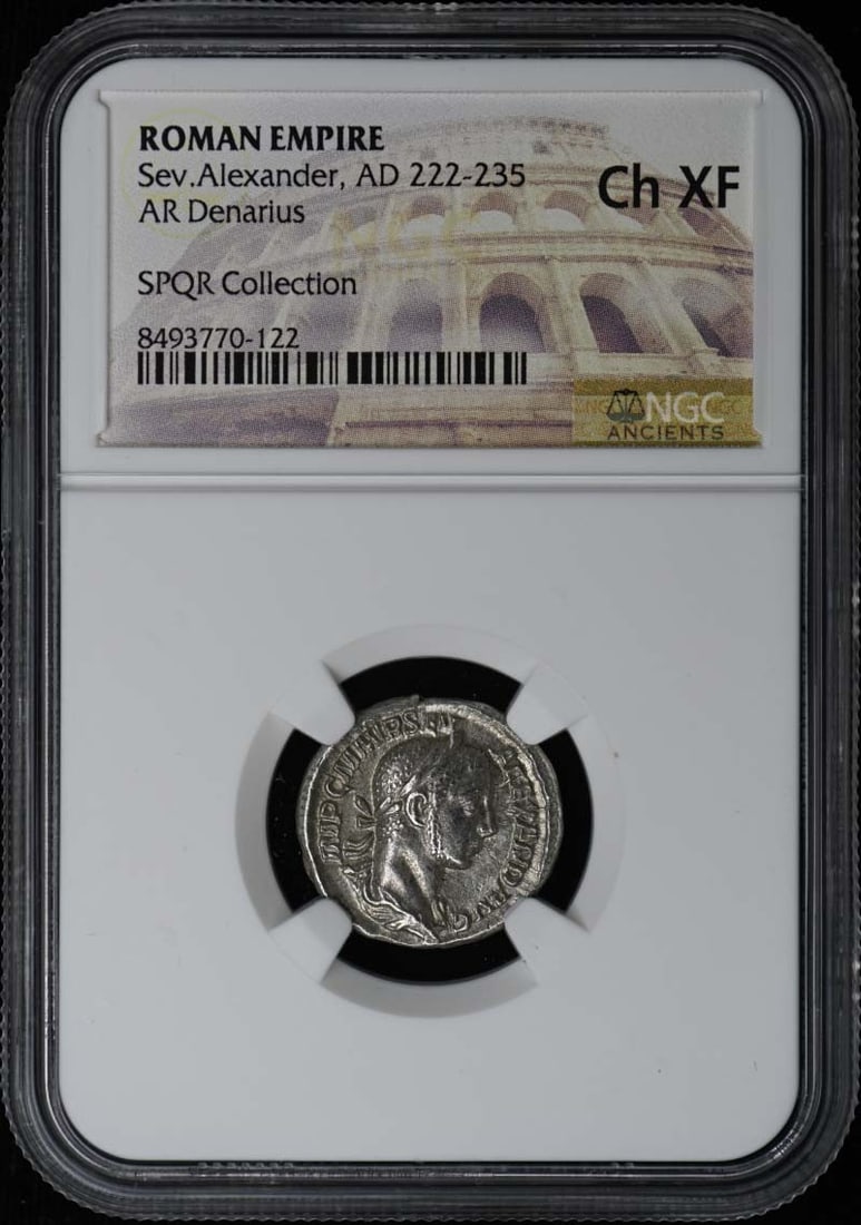 Roman Empire Silver Denarius of Sev Alexander Certified NGC XF45: Roman Empire Silver Denarius of Sev Alexander Certified NGC XF45 This Roman Empire AR Denarius coin dates from the reign of Severus Alexander, AD 222-235. Authenticated and graded Choice Extra Fine (X