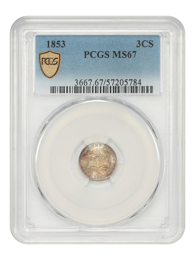 PCGS MS67 1853 Three Cent Silver 3CS Coin: PCGS MS67 1853 Three Cent Silver 3CS Coin 1853 Three Cent Silver coin, denomination 3CS, struck at the Philadelphia Mint and certified by PCGS as MS67. This uncirculated piece is described as a condit