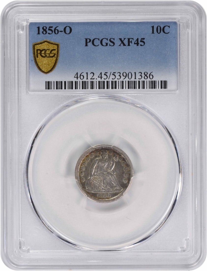 1856-O Liberty Seated Dime EF45 PCGS Certified Silver Coin: 1856-O Liberty Seated Dime EF45 PCGS Certified Silver Coin This 1856-O Liberty Seated Silver Dime is a remarkable piece of numismatic history, graded EF45 by PCGS. Struck at the New Orleans Mint, this