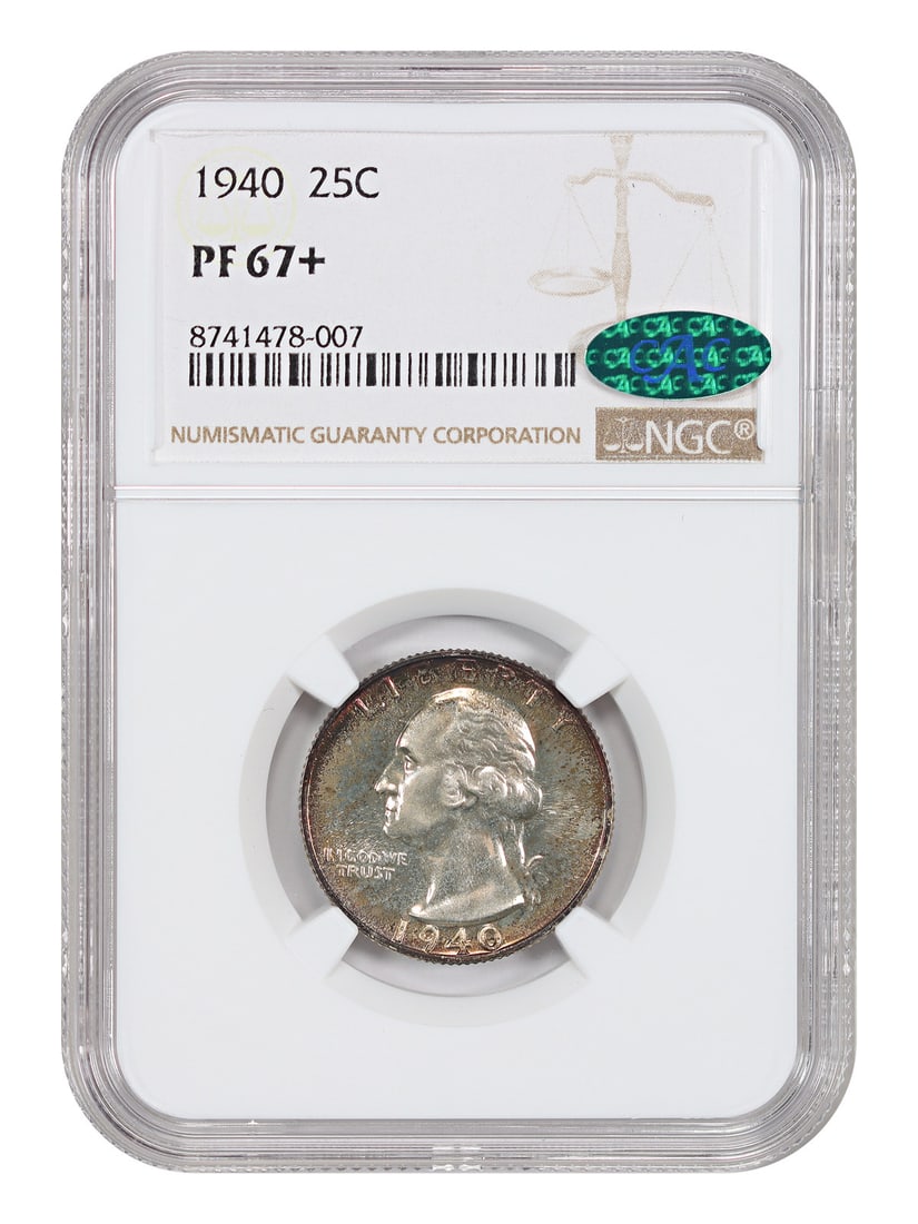 NGC PR67+ 1940 Washington Quarter 25C Uncirculated: NGC PR67+ 1940 Washington Quarter 25C Uncirculated 1940 Washington Quarter, denomination 25C, from the Philadelphia mint and certified by NGC as PR67+. This popular early proof issue has a mintage of 