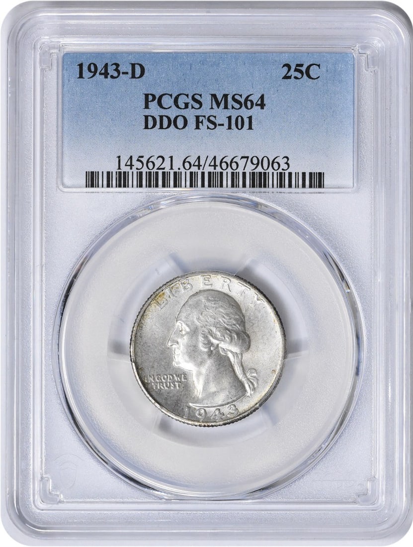 PCGS MS64 1943-D Washington Quarter DDO FS-101 Silver: PCGS MS64 1943-D Washington Quarter DDO FS-101 Silver This 1943-D Washington Quarter is a Double Die Obverse (DDO) FS-101 variety, graded MS64 by PCGS. Struck at the Denver Mint, this coin is composed