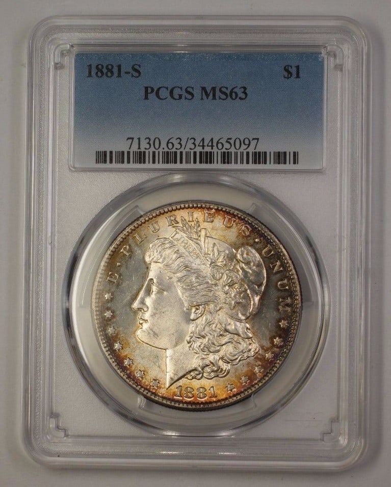 PCGS MS-63 1881-S Morgan Dollar Silver Coin San Francisco Mint: PCGS MS-63 1881-S Morgan Dollar Silver Coin San Francisco Mint This 1881-S US Morgan Silver Dollar features a beautiful natural toning and is graded MS-63 by PCGS. Struck at the San Francisco Mint, th
