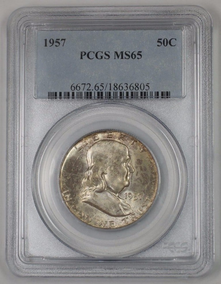 PCGS MS65 1957 Franklin Silver Half Dollar: PCGS MS65 1957 Franklin Silver Half Dollar This 1957 Franklin Silver Half Dollar is a 50-cent coin from the United States, certified by PCGS with a grade of MS-65. The coin is uncirculated and feature