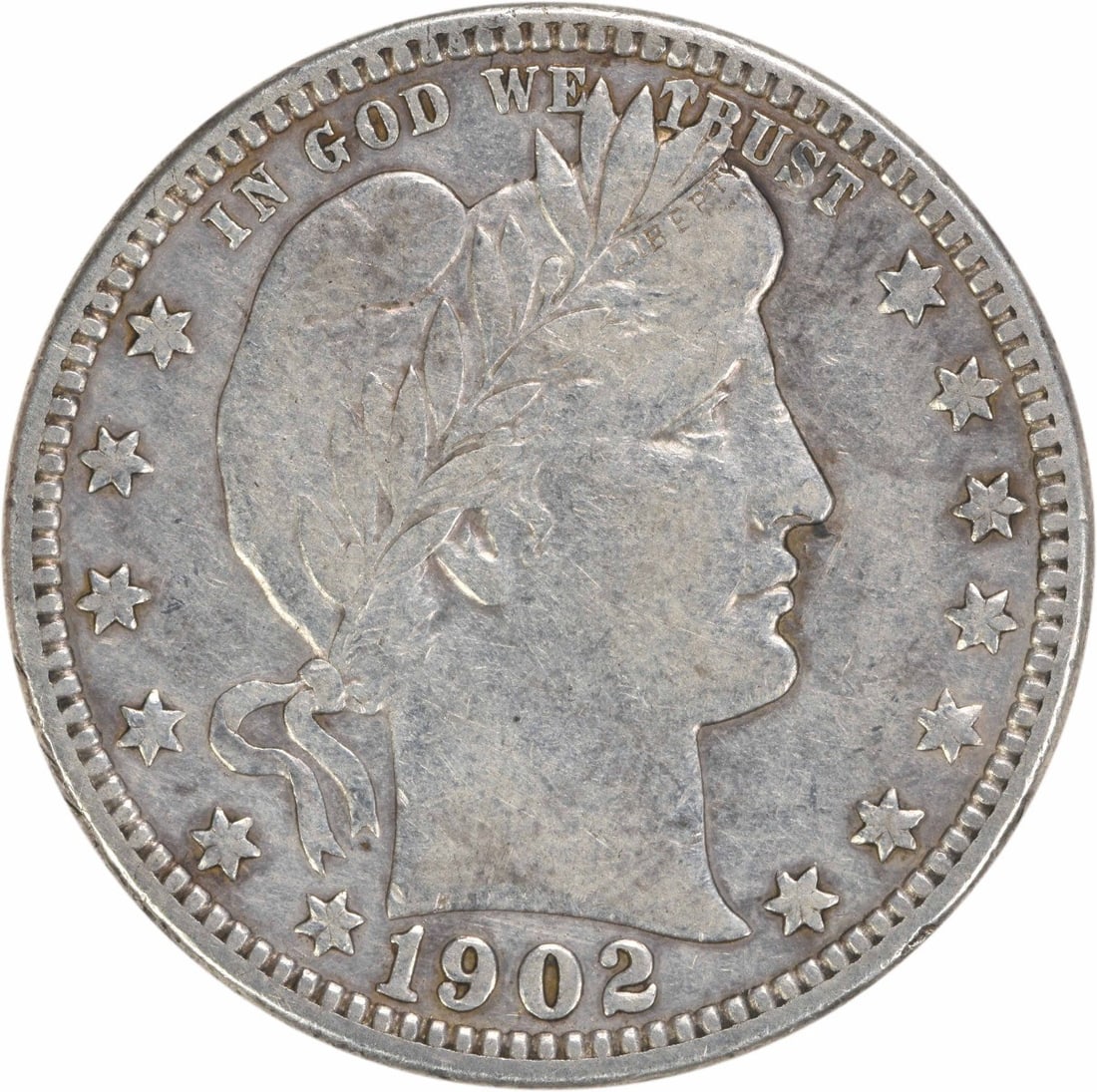1902-O Barber Quarter 90% Silver VF Uncertified Coin: 1902-O Barber Quarter 90% Silver VF Uncertified Coin This 1902-O Barber Silver Quarter is a beautiful choice for collectors. Struck at the New Orleans Mint, this coin features the iconic Barber design