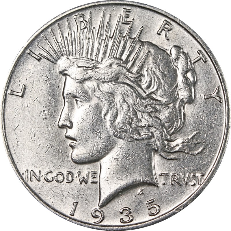 Silver 1935 San Francisco Mint Peace Dollar United States: Silver 1935 San Francisco Mint Peace Dollar United States This is a 1935-S Peace Dollar from the United States, minted in San Francisco. The coin is composed of 90% silver and is in circulated, pre-ow