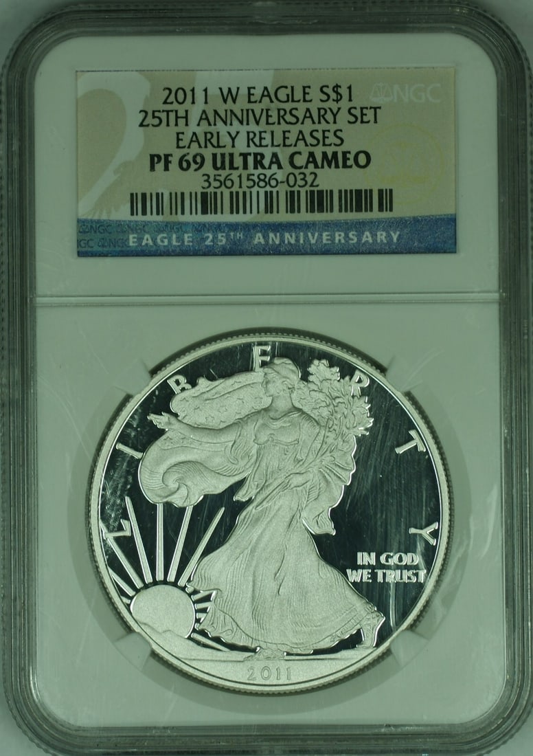 2011 Silver Eagle NGC PR69 Ultra Cameo Early Releases 25th Anniversary Coin: 2011 Silver Eagle NGC PR69 Ultra Cameo Early Releases 25th Anniversary Coin This 2011 American Silver Eagle coin commemorates the 25th anniversary of the series and is graded PR-69 Ultra Cameo by NGC.