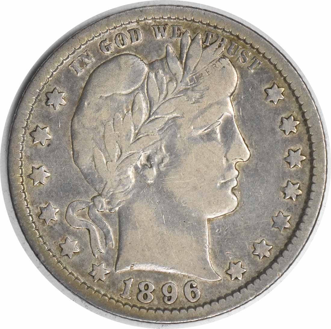 1896-O Barber Quarter 90% Silver VF Uncertified Coin: 1896-O Barber Quarter 90% Silver VF Uncertified Coin This 1896-O Barber Silver Quarter is a remarkable piece of American numismatic history. Struck at the New Orleans Mint, this circulated coin featur