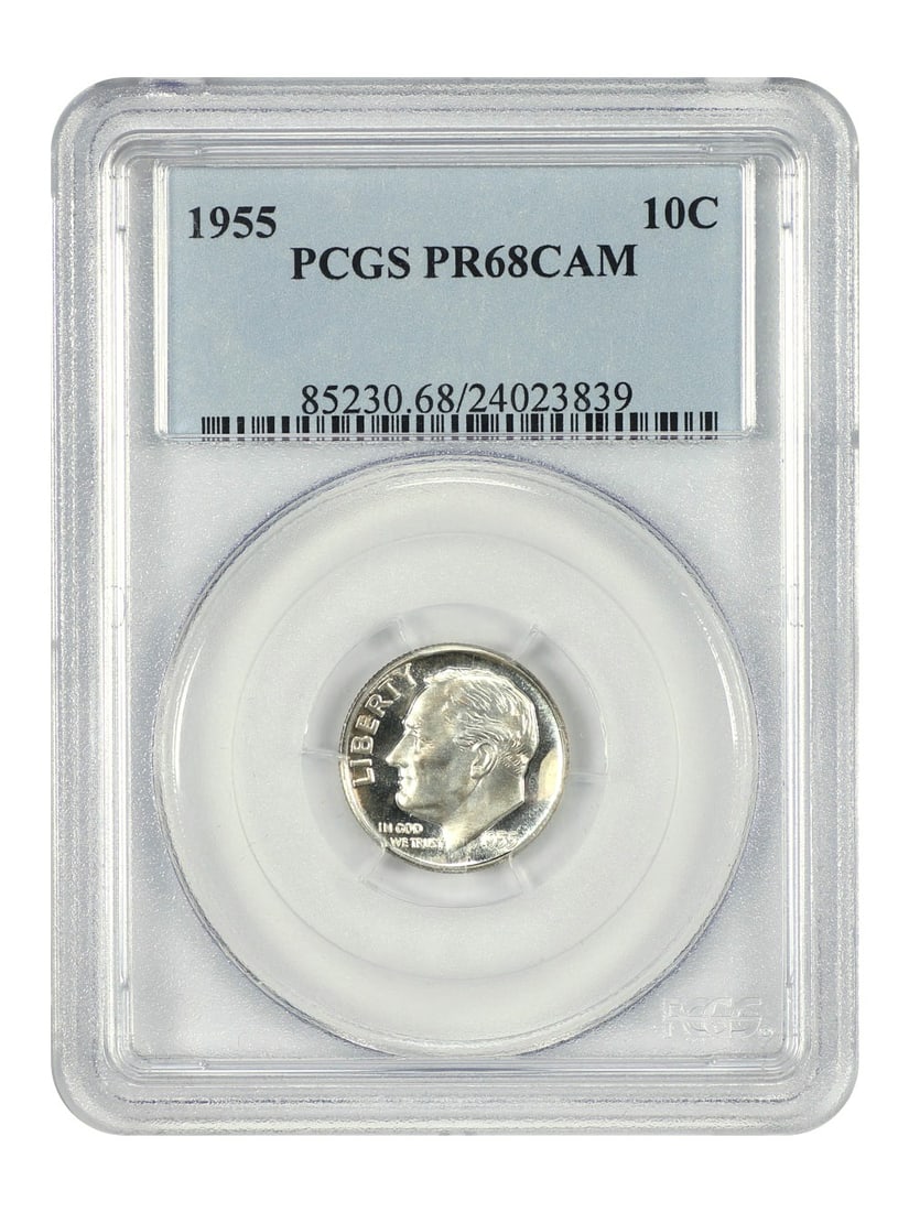 PCGS PR68CAM 1955 Roosevelt Dime 10C Proof: PCGS PR68CAM 1955 Roosevelt Dime 10C Proof 1955 Roosevelt Dime certified by PCGS and graded PR68CAM. This uncirculated proof coin is from the Philadelphia mint and is identified as a 10C denomination 