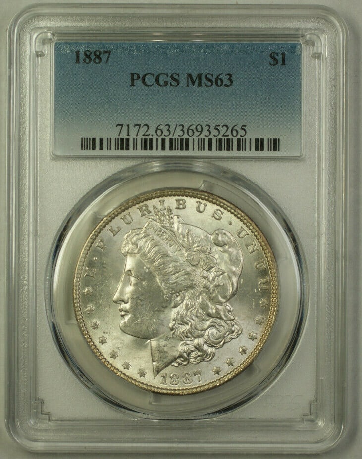 PCGS MS63 1887 Morgan Dollar Silver $1 Coin Philadelphia Lot of 20: PCGS MS63 1887 Morgan Dollar Silver $1 Coin Philadelphia Lot of 20 This 1887 Morgan Silver Dollar is an uncirculated $1 coin minted in Philadelphia. Composed of silver with a fineness of 0.9, it is ce