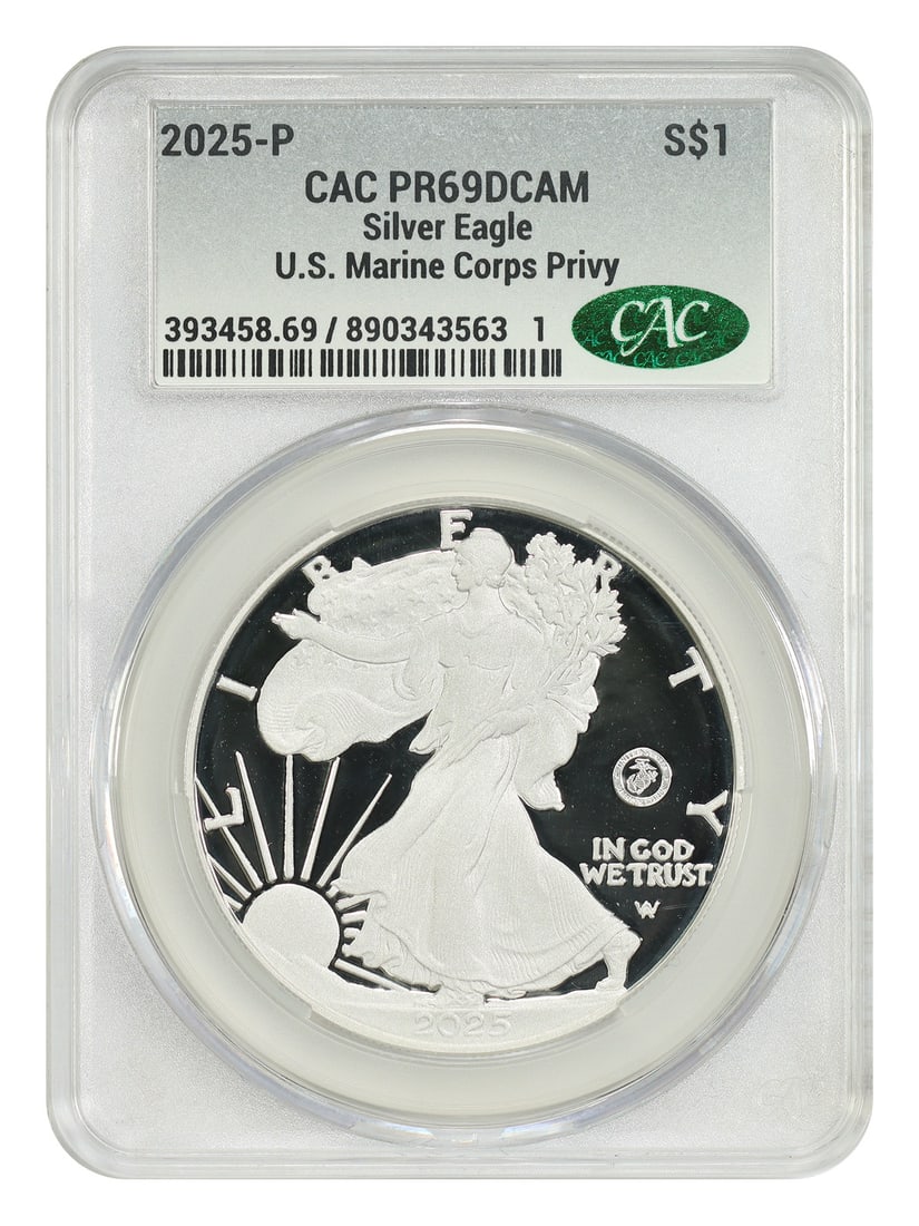 2025 P $1 Silver Eagle Marine Corps Privy CACG PR69DCAM: 2025 P $1 Silver Eagle Marine Corps Privy CACG PR69DCAM 2025-P $1 Silver Eagle certified by CACG in PR69DCAM condition. This uncirculated proof issue was minted in Philadelphia and features the U.S. M