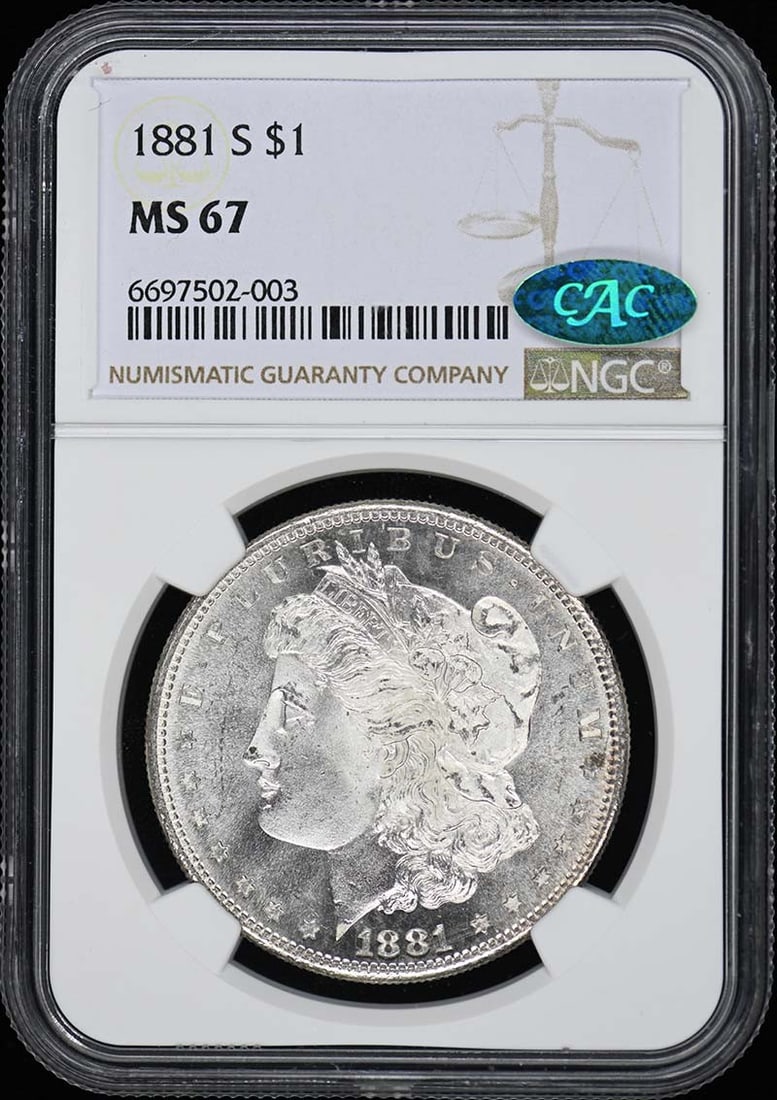 1881-S Morgan Dollar NGC MS67 CAC Certified Uncirculated: 1881-S Morgan Dollar NGC MS67 CAC Certified Uncirculated This stunning 1881-S Morgan Dollar, certified by NGC with a grade of MS67, is a remarkable addition to any collection. Struck at the San Franci