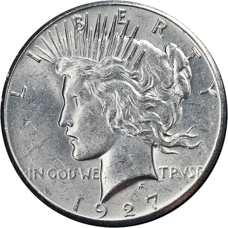 Uncirculated 1927 Silver Peace Dollar Philadelphia Mint Bright BU: Uncirculated 1927 Silver Peace Dollar Philadelphia Mint Bright BU This 1927-P Peace Dollar is an uncirculated silver coin featuring exceptional eye appeal, brilliant luster, and a strong strike. The c