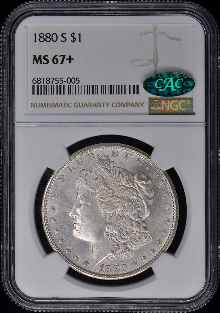 1880-S Morgan Dollar NGC MS67+ CAC Certified Uncirculated: 1880-S Morgan Dollar NGC MS67+ CAC Certified Uncirculated This stunning 1880-S Morgan Dollar is certified by NGC with a remarkable grade of MS67+, indicating its exceptional quality as an uncirculated